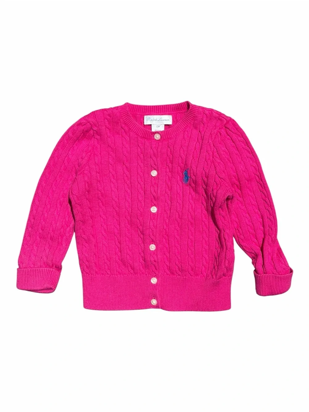 Ralph Lauren Baby Girls 12M Pink Cable Knit Cardigan Cotton Pony Sweater Preppy